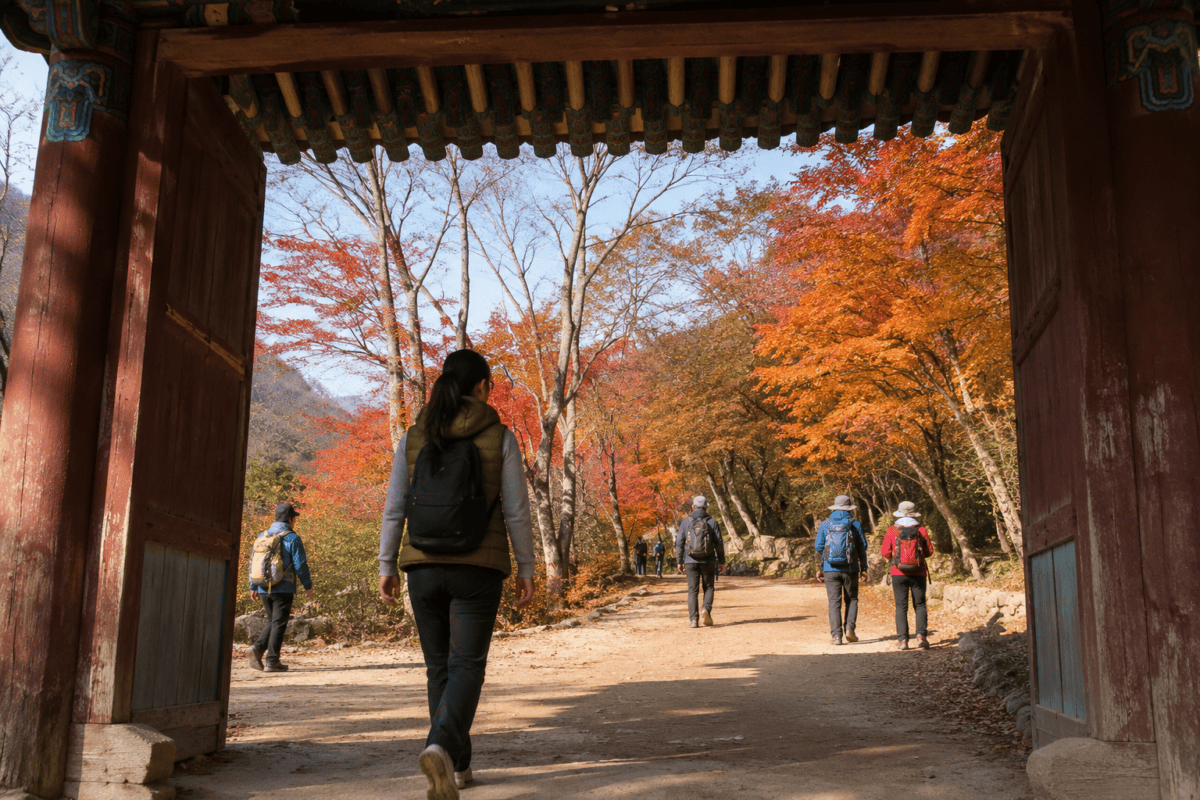 Walker passing through the temple gate on the road to Naejangsa, red and orange slopes rising on both sides of the path.