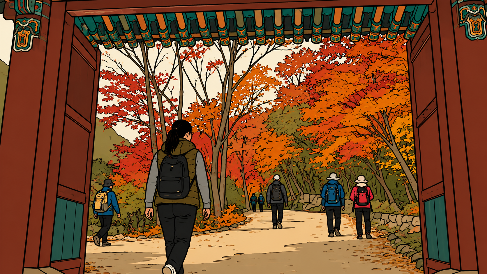 Minhwa-style illustration of a walker passing under the temple gate on the quiet autumn road leading up to Naejangsa.