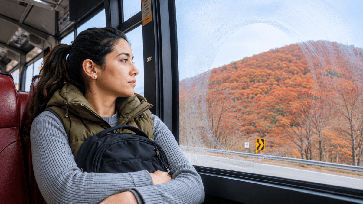 Bus passenger watching Naejangsan through a circle wiped clear in a fogged window on the early morning ride.