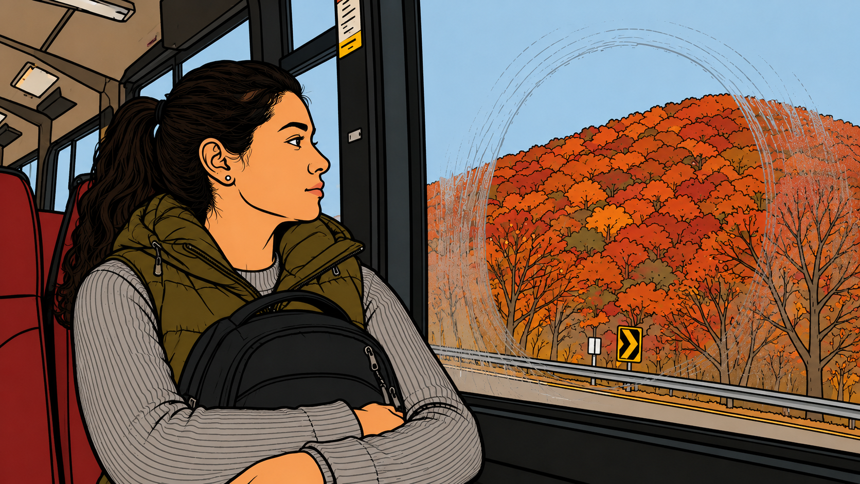 Illustration of a bus passenger watching Naejangsan through a circle wiped clear in a fogged window.