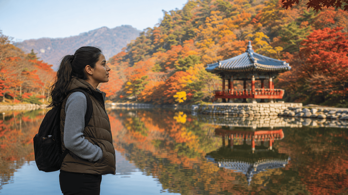 Uhwajeong Pavilion mirrored in still water at Naejangsan, framed by layered red and orange maples on the slope behind.