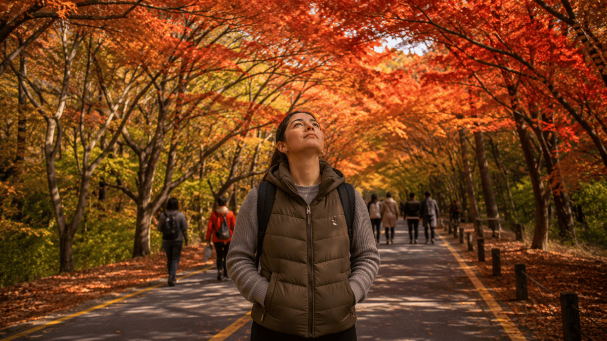 Visitors walking beneath 108 maple trees whose branches close overhead, red light falling on the road through the canopy.
