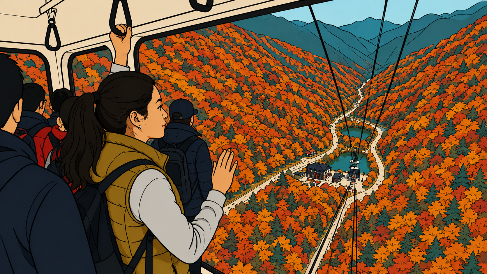 Minhwa-style illustration of the naejangsan cable car passing above a valley of red autumn foliage and a thin road.