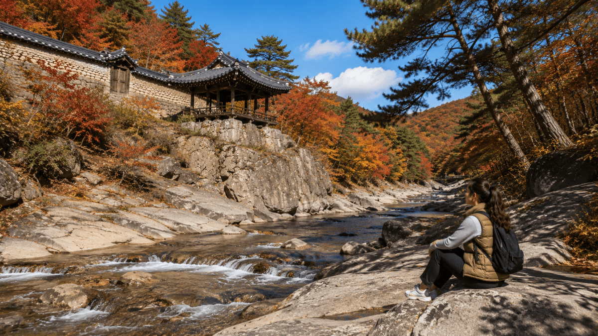Granite streambed spreading thin below a small wooden pavilion on the rock, red and orange leaves along both banks.
