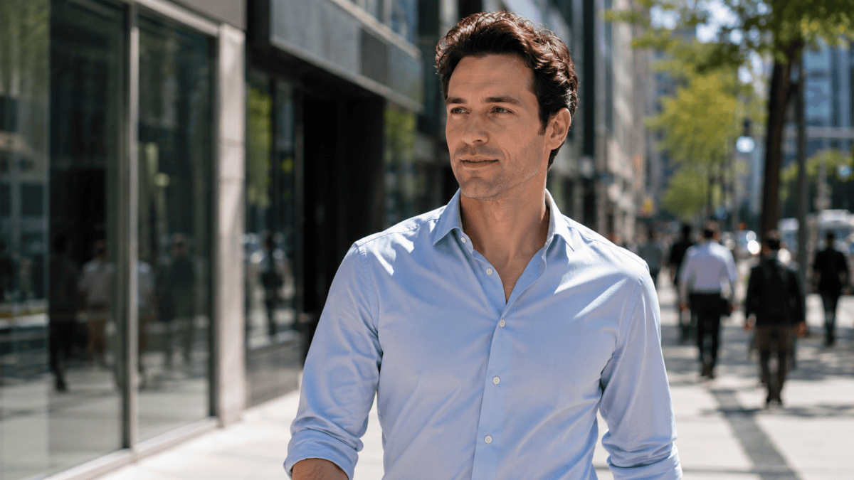 Man walks a city street looking refreshed after non surgical skin treatments, with nothing to explain.