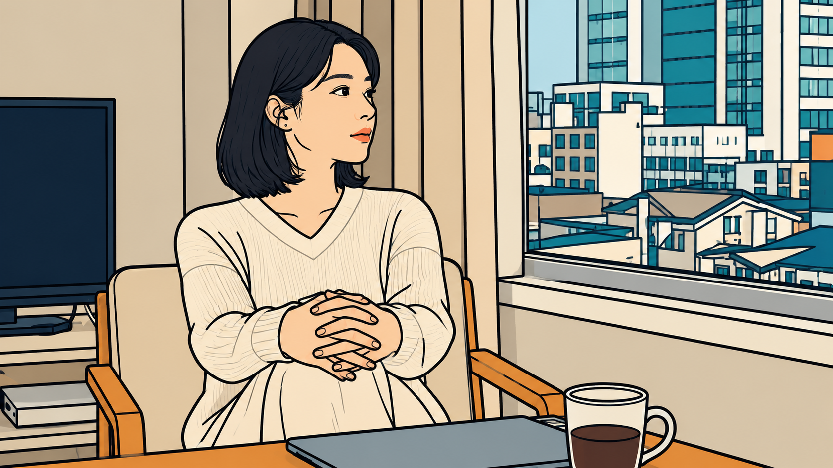 Illustration of a woman by a window on a quiet day off, closed laptop nearby, sitting with productivity guilt.