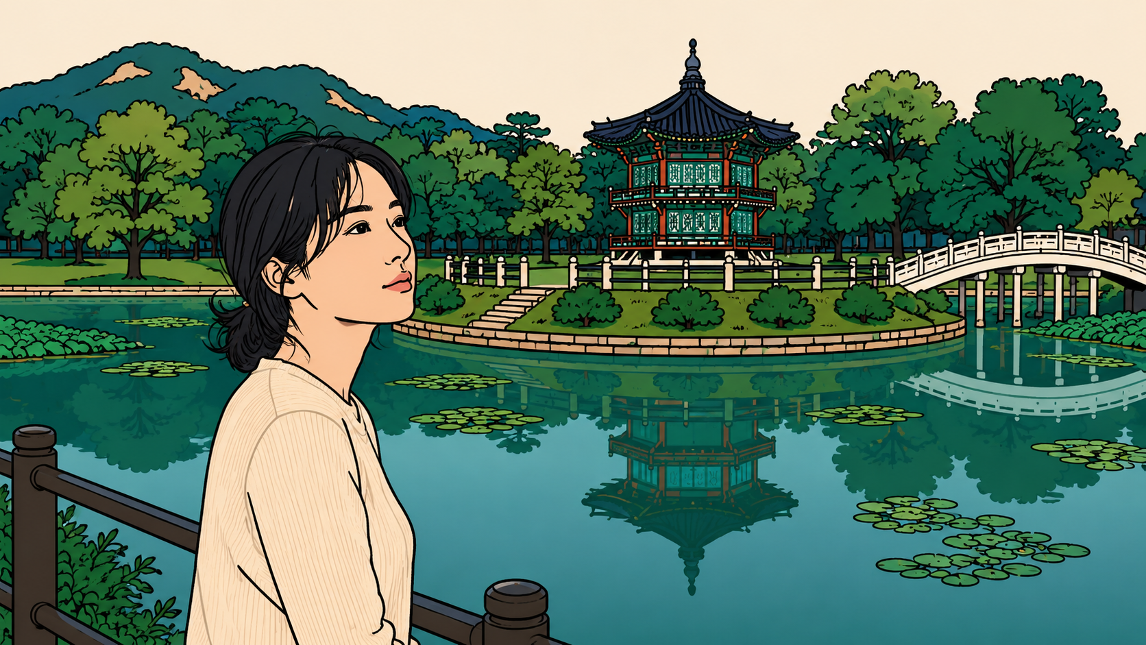 Illustration of a woman by a palace pond at dusk, separating self worth from productivity by reading where she is.