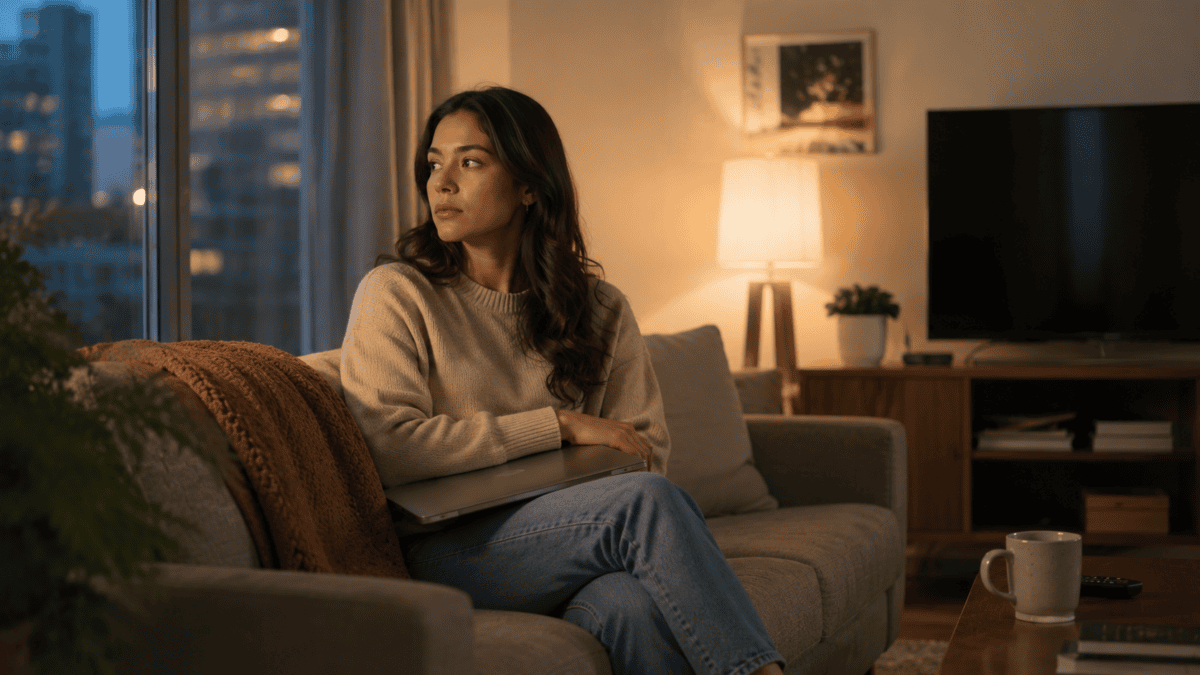 Woman sits alone on her couch, closed laptop and untouched coffee — the avoidance side of setting boundaries at work.