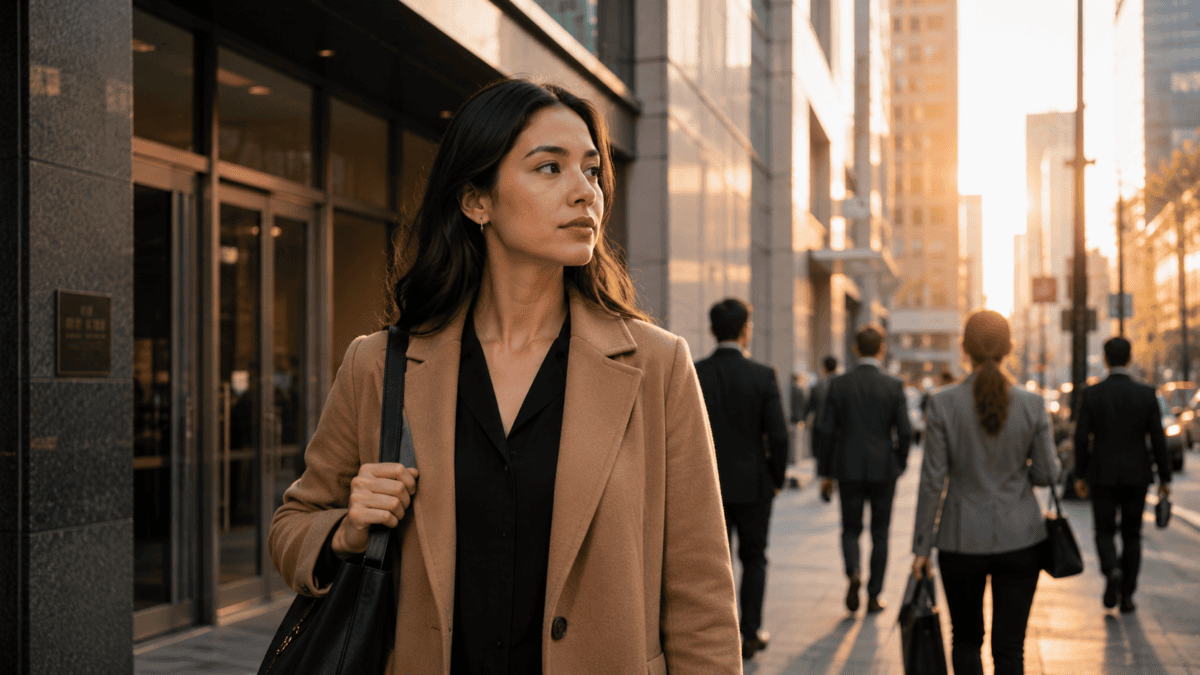 Woman stands outside her office at golden hour as commuters pass — setting boundaries at work before her next move.