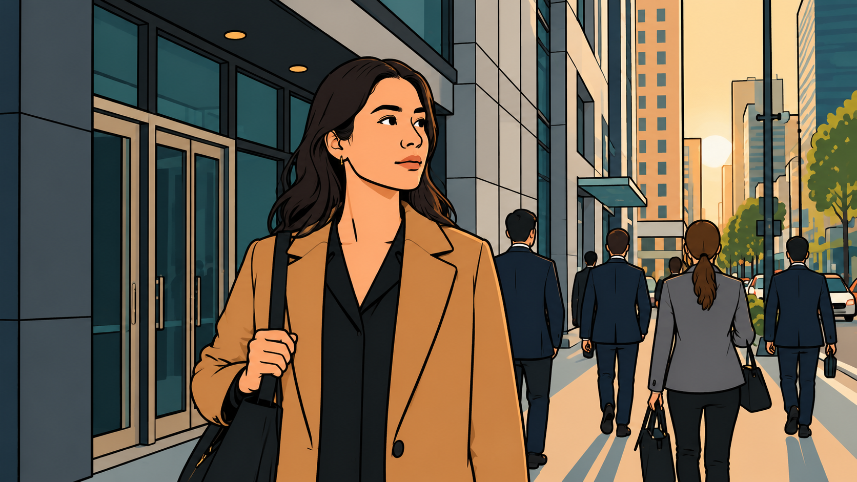 Illustration of a woman outside her office at golden hour as commuters pass — setting boundaries at work.