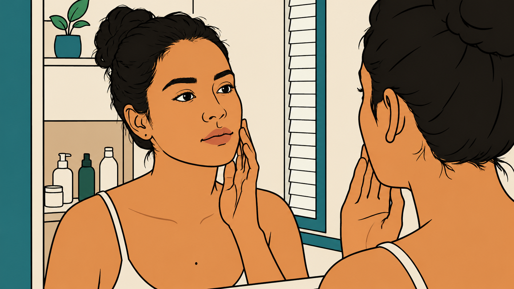 Illustration of a woman at a morning mirror seeing an ordinary face after skin tightening, non surgical and traceless.