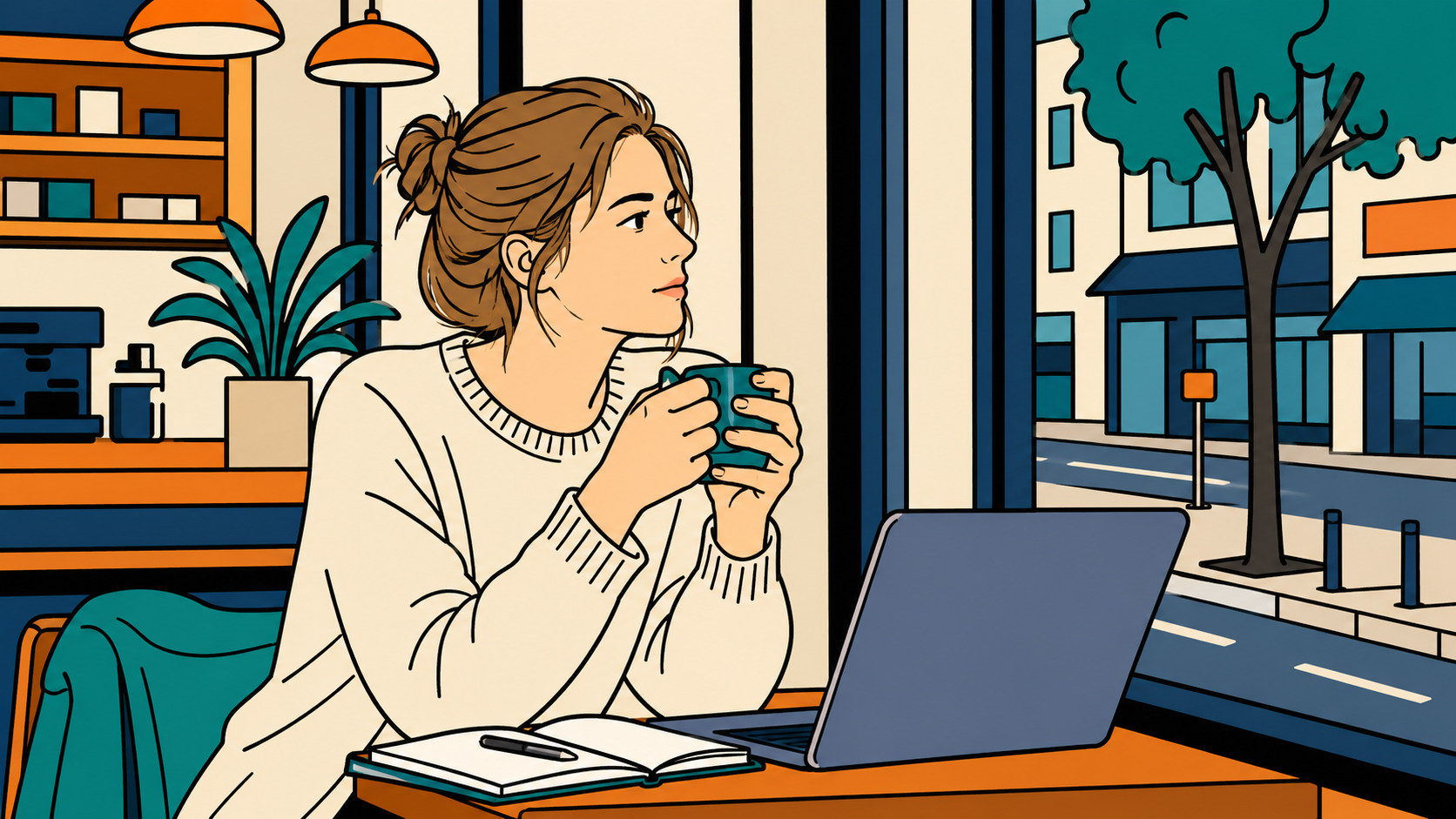 Illustration of a woman looking up from her laptop at a cafe window, thinking through standing up for yourself at work.