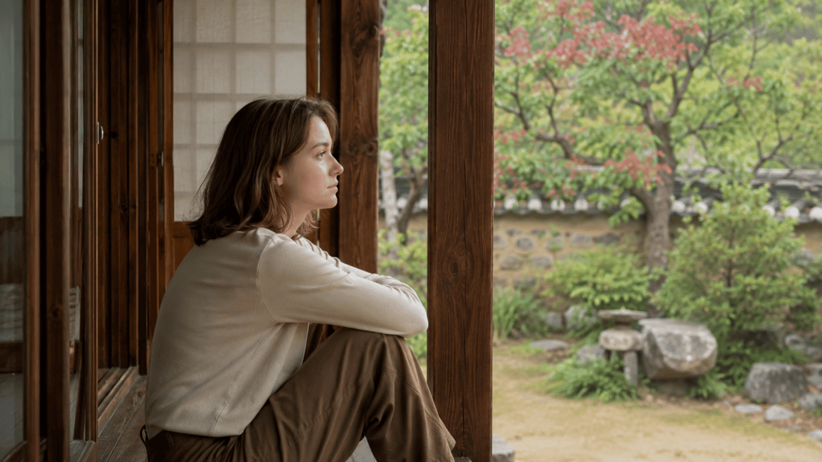 Woman sits on a hanok porch looking back at the garden — the stages of burnout that return to the same place.