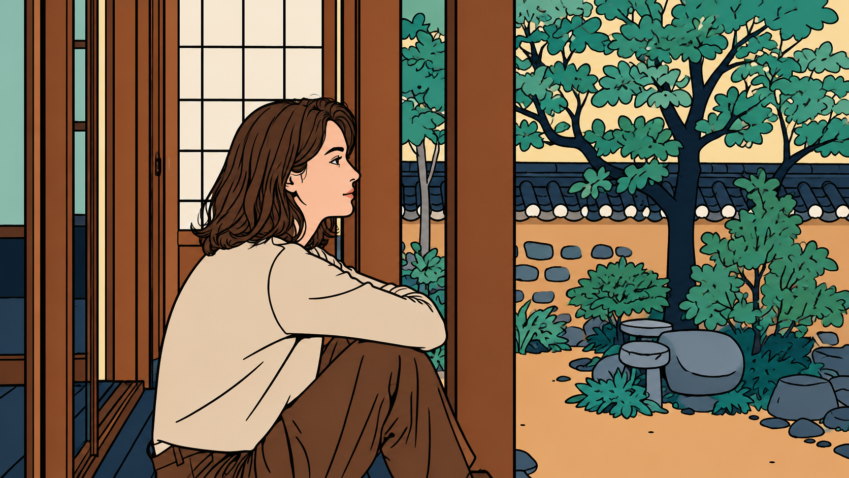 Illustration of a woman on a hanok porch looking back at the garden, caught in the stages of burnout that repeat.