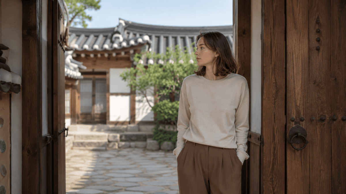 Woman pauses in an open wooden gateway between courtyard and outside — gauging which of the stages of burnout she's in.
