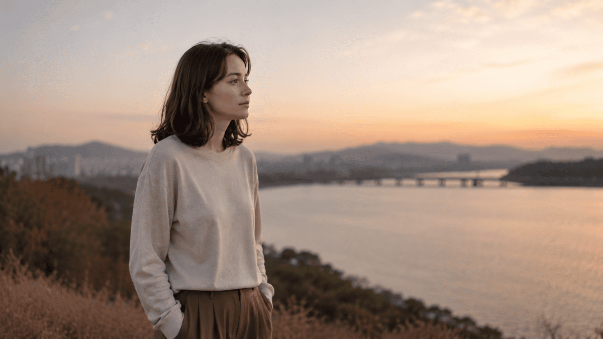Woman on a hillside at dusk over a river and city, flat expression — the stages of burnout where the reset fails.