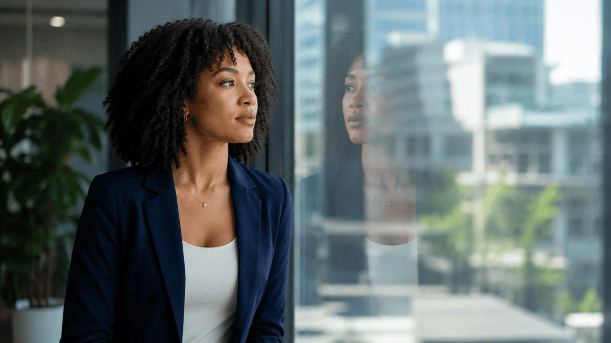 Woman gazes out an office window, faint reflection on the glass — the sunk cost fallacy you can't see from inside.