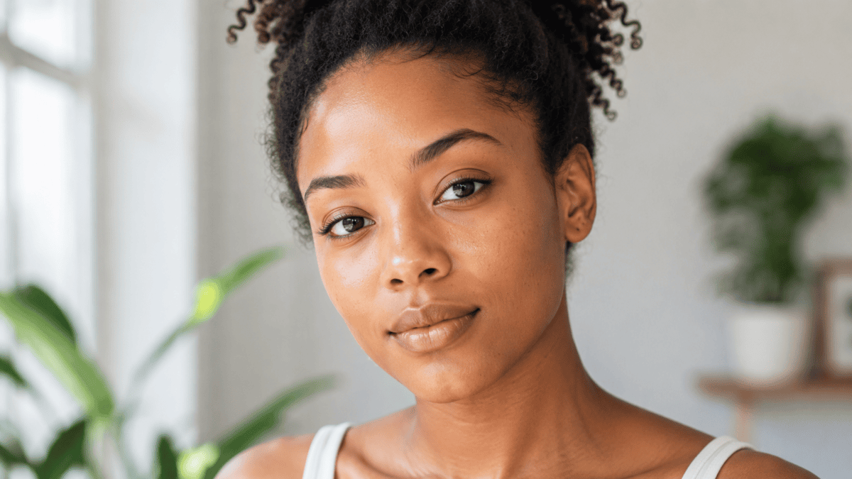 Close-up of a woman's rested, luminous face in natural light — the opposite of a tired face.