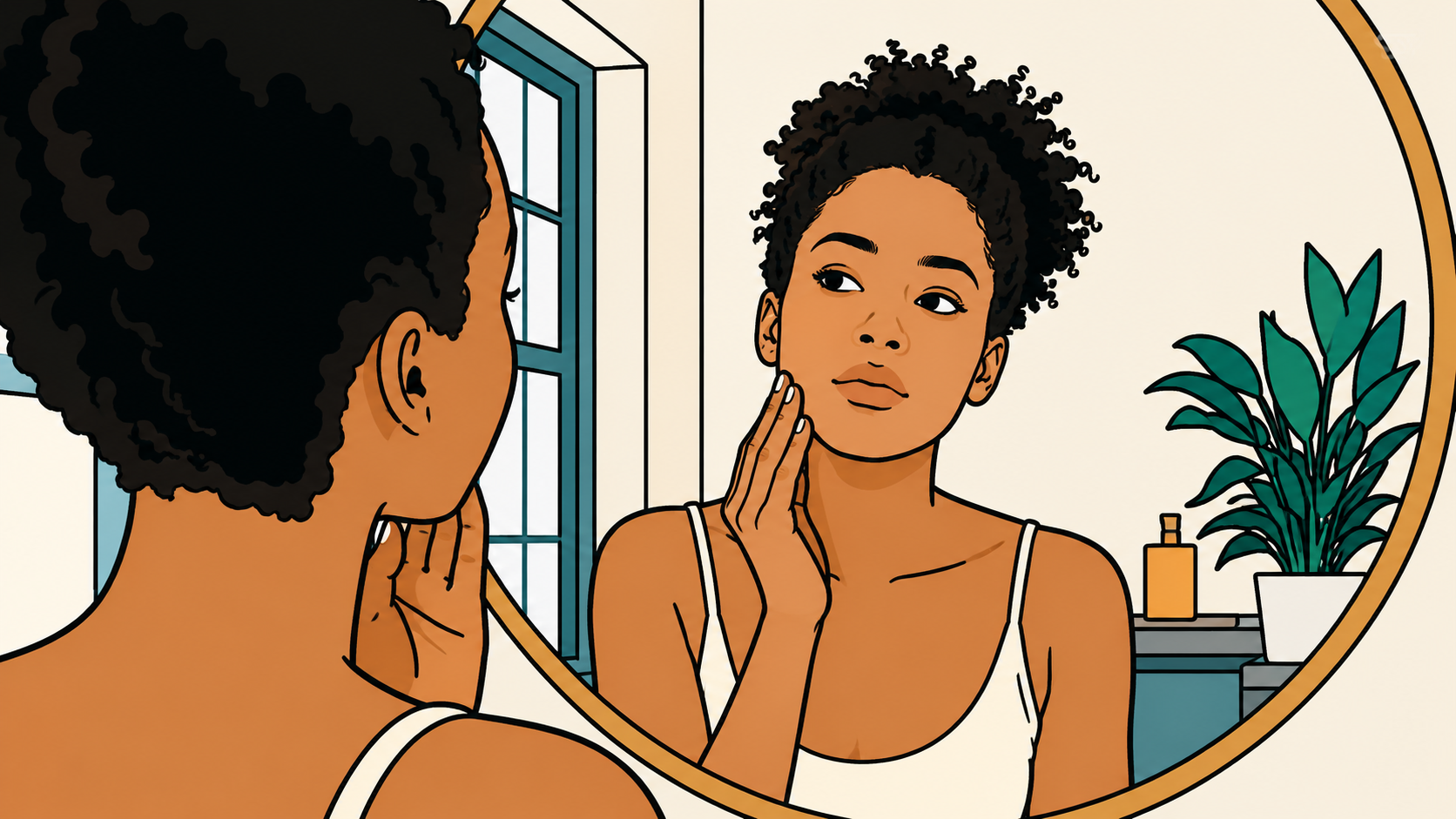 Illustration of a woman studying her reflection, reading a tired face rather than her age, before a clinic visit.